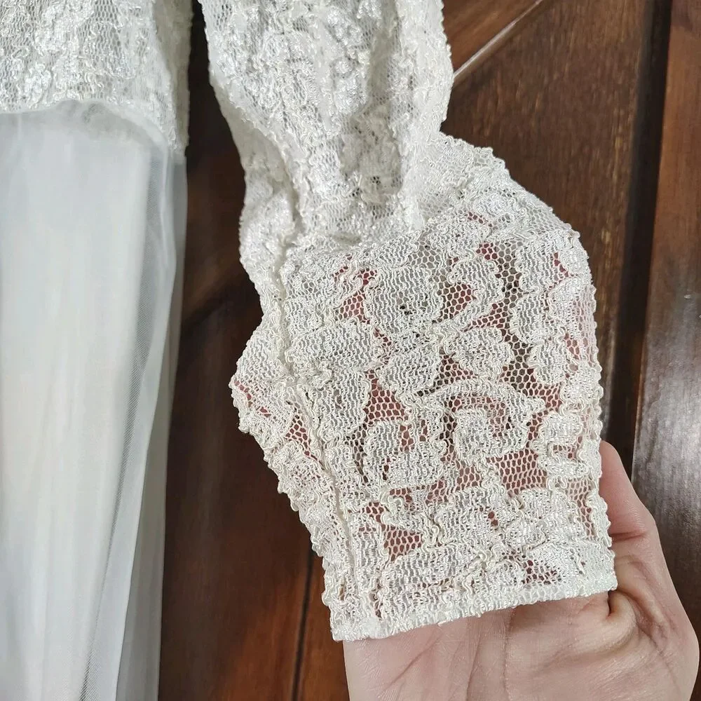Vintage White Lace Nightgown Set Size S Sheer Robe Satin Slip Romantic Bridal - Picture 2 of 12